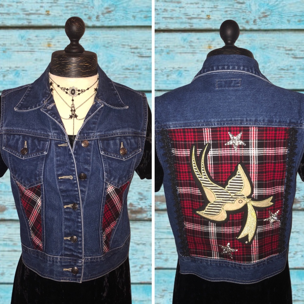 Upcycled Red Plaid Stars Rocker Punk Denim Vest